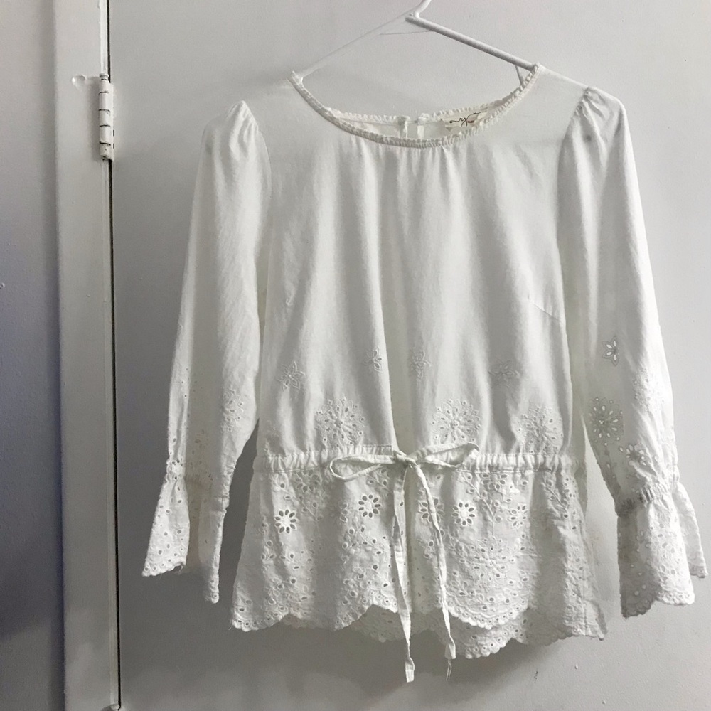 Eyelet Scalloped Sleeve Drawstring Waist Keyhole Back Popover Top Blouse S - Picture 3 of 10